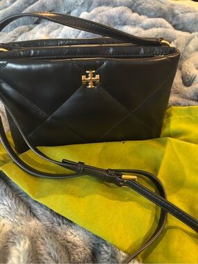 Tory Burch Black Quilted Leather Crossbody with Gold Logo